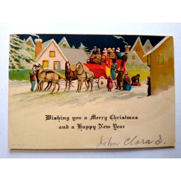 New Years Christmas Early Greeting Card Victorian People In Village Horses Cart - Picture 2 of 3